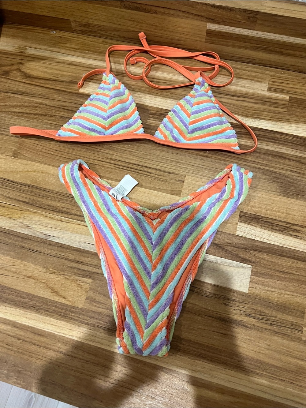aerie Orange Multi-Color Striped Triangle Bikini